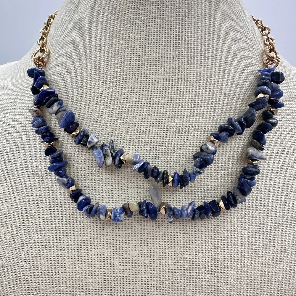 Vintage Y2K Gold Tone Double Strand Blue Sodalite Chip Chunky Necklace Jewelry